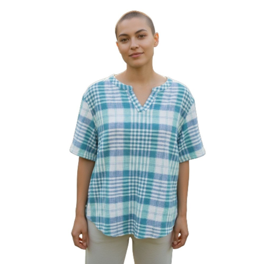 LL bean Plaid Linen Blouse Short Sleeve Striped V‎ Front Lightweight Medium
